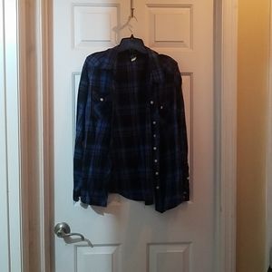 Blue and pink flannel print top